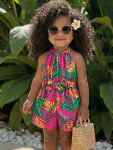 Vacation Casual Cute Floral Print Halter Romper Baby Girl Tropical Outfit Baby Girl Resort Wear Girls Romper Summer Colorful Jumpsuit Baby Girl Summer Romper - Hot Pink - View 2