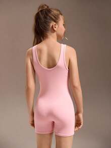 SHEIN Tween Mädchen Ärmellose Künstlerische Gymnastik Leotard, Pink, Hochelastischer atmungsaktiver Stoff, 4-Wege-Stretch, geeignet für Training, Wettkampf, Eiskunstlauf, Leichtathletik - Pink - Übersicht 3