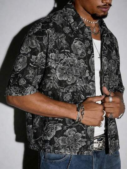 ROMWE MEN Street Life Erkekler için Çiçek Desenli Düğmeli Kısa Kollu Günlük Kot Gömlek
