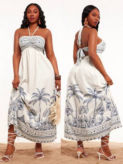 Radiana Plus Size Women's Spring/Summer Fashion Casual Sexy Elegant Romantic Vacation Blue & White Porcelain Coconut Tree Print Tube Top Versatile Elastic Waist Swing Dress