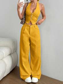 SHEIN PETITE Women's Single-Breasted Halter Top And Wide-Leg Pants Casual Two Pieces Set - Yellow - View 1