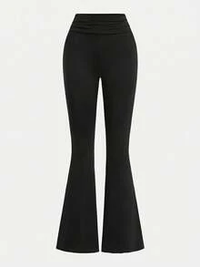 SHEIN Girlism Bộ đồ thường ngày cho bé gái tuổi teen: Áo cổ tròn nhún bèo màu xanh nhạt và quần ống loe nhún bèo ở eo. - màu đen - Xem 6