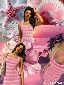 Sleeveless U-Neck Sexy Contrast Stripe Knit Dress, Waist-Cinching, Chic & Slimming, Spring/Summer - Pink - View 8