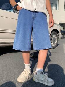 SHEIN 青少年男孩休閒水藍色夏季度假復古牛仔短褲，童裝寬鬆大廓形寬腿牛仔褲，附後口袋小補丁，時尚街頭風 - 中等水洗藍 - 查看 2