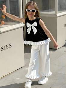 Cute Young Girls Black Colorblock Bowknot Ruffle Round Neck Long Tank Top Co-Ords - Black - View 7
