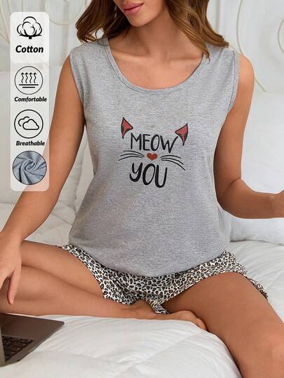 SHEIN 100% Cotton 2 Pcs Women Sleeveless Letter And Heart Patterned Sleep Top + Leopard Pattern Shorts Casual Pajama Lounge Set