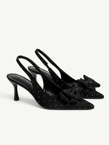 CUCCOO CHICEST Women Shoes Summer And Summer New Women's High Heel Shoes Black Bow Rhinestone Decoration Pointed Thin Heel Slip-On 7cm Elegant Satin Solid Color Commuter Dating Valentine's Day Women's Shoes Summer Shoes Wedding Shoes Bride Shoes - Black - View 2
