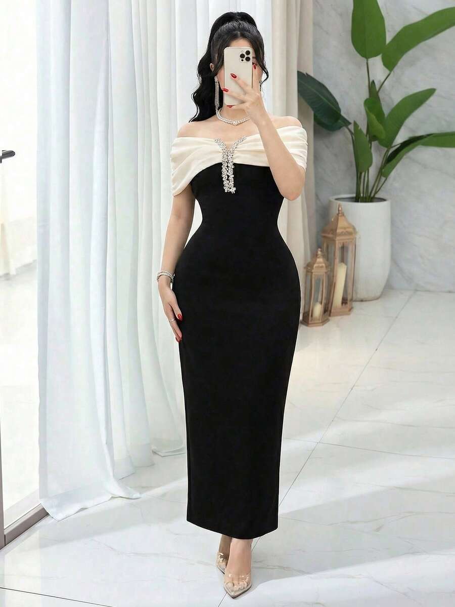 Feyla Women's Elegant Party Color Block Off Shoulder Rhinestone Decor Dress