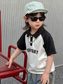 Dazy Kids Young Boy Letter Print Contrast Color Polo Collar Short Sleeve Casual T-Shirt Summer - Black and White - View 5
