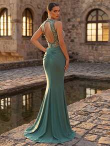 Glamrae 优雅奢华珍珠串珠花卉拼接弹力针织褶皱美人鱼裙泳衣，适合婚礼、派对、度假、舞会礼服（厚款） - 草綠色 - 查看 3