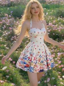 SHEIN MOD Vestido mini con estampado floral y escote halter, estilo vacacional - Multicolor - Ver 3