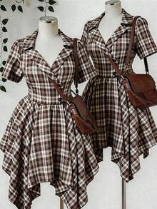 Sunspun Plus Size Women's Retro French Collar Plaid Waist Asymmetrical Hem Short Dress - Brown - View 1