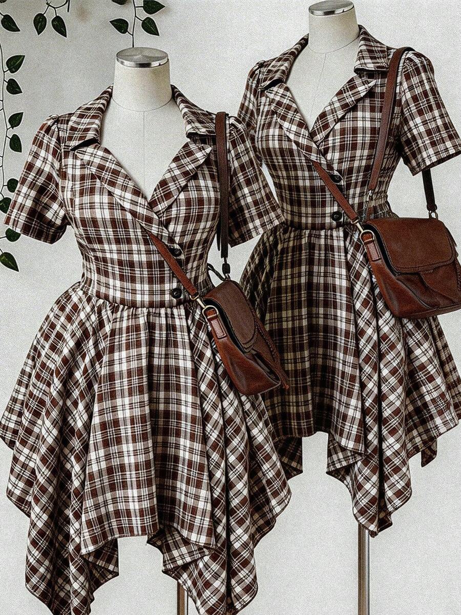 Sunspun Plus Size Women's Retro French Collar Plaid Waist Asymmetrical Hem Short Dress - Brown - View 1