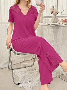 SHEIN Lace Patchwork Sheer Shoulder Cardigan Short Sleeve Pajama Set For Women - Hot Pink - View 3
