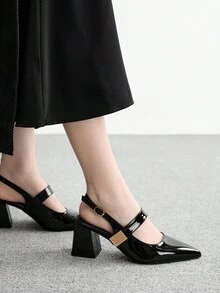 CUCCOO BIZCHIC 女士鞋履 春秋季尖头粗跟中跟黑色金属扣装饰女士露跟鞋 时尚经典简约通勤约会派对假日度假女士高跟鞋 - 耀夜黑 - 查看 3