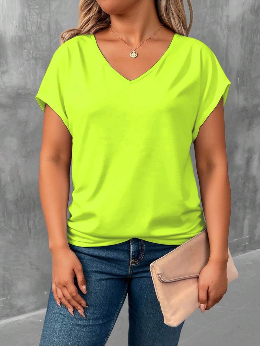 EMERY ROSE Plus Size Women's Summer Solid V-Neck Short Sleeve Casual T-Shirt - Multicolor - View 1