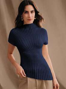 Anewsta 新款春夏修身立领独特青春通勤百搭优雅简约短袖针织衫 - 藏蓝色 - 查看 6