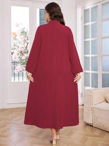 Lacomfia Plus Size Women Hollow Embroidered Button Collar Tie Waist Long Sleeve Dress - Red - View 2