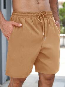 VIVINTIMO Casual Fashion Versatile Solid Color Drawstring Loose Men's Shorts, Holiday - Khaki - View 4