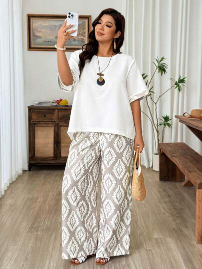 Weeklong Plus Size Women's Elegant Vacation Loose Round Neck 3/4 Sleeve Blouse And Print Pants 2-Piece Set, Spring/Summer