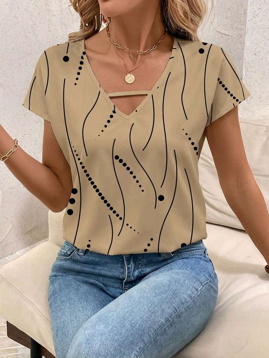 SHEIN Clasi Áo thun nữ tay ngắn dáng suông in họa tiết khoét rỗng - Màu Khaki - Xem 1