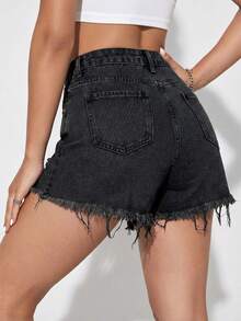 Jeanoix Quần short denim nữ thường ngày, kiểu dáng thoải mái, có túi, cài nút và gấu quần rách. - Màu xám đen - Xem 3