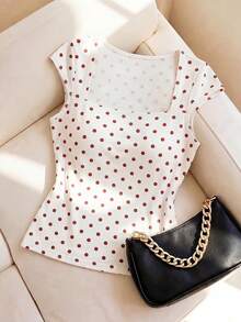 Selianne Polka Dot Square Collar Waist Cinched Elegant Romantic Refined Women T-Shirt - Red and White - View 4