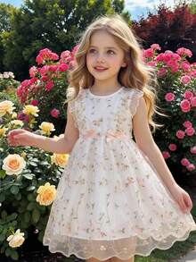 SHEIN Girls' Sweet Ruffle Sleeveless Embroidered Mesh Princess Dress, Suitable For Holidays, Parties, Summer - Multicolor - View 3