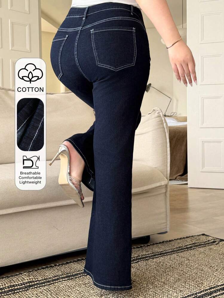 Dazy Plus Dark Wash Blue Elastic Skinny Flare Jeans, All Season