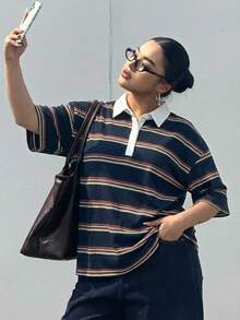 Dazy Plus Loose Street Style Color Block Striped Polo Collar Long Sleeve Plus Size Women T-Shirt, Autumn Oversized - Navy Blue - View 4