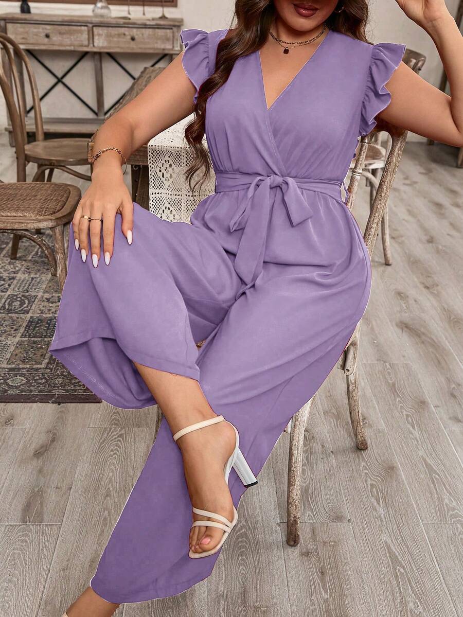 EMERY ROSE Plus Size Women Solid Color Cap Sleeve Jumpsuit - Purple - View 1