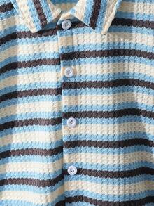 SHEIN 2pcs Young BoyTextured Stripe Knit Shirt And Shorts Set - Blue - View 7