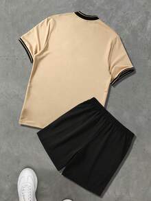 Manfinity Homme Bộ đồ polo nam tay ngắn có khóa kéo, thích hợp mặc ở nhà, đi chơi và tụ họp. Áo nam thường ngày, trang phục mùa hè nam, áo polo nam có khóa kéo, áo thun nam. - Màu Khaki - Xem 2