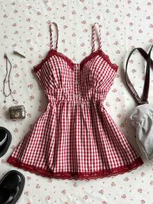 Glimmora Camiseta de tirantes casual y versátil con volantes de encaje a cuadros para mujer - Multicolor - Ver 1