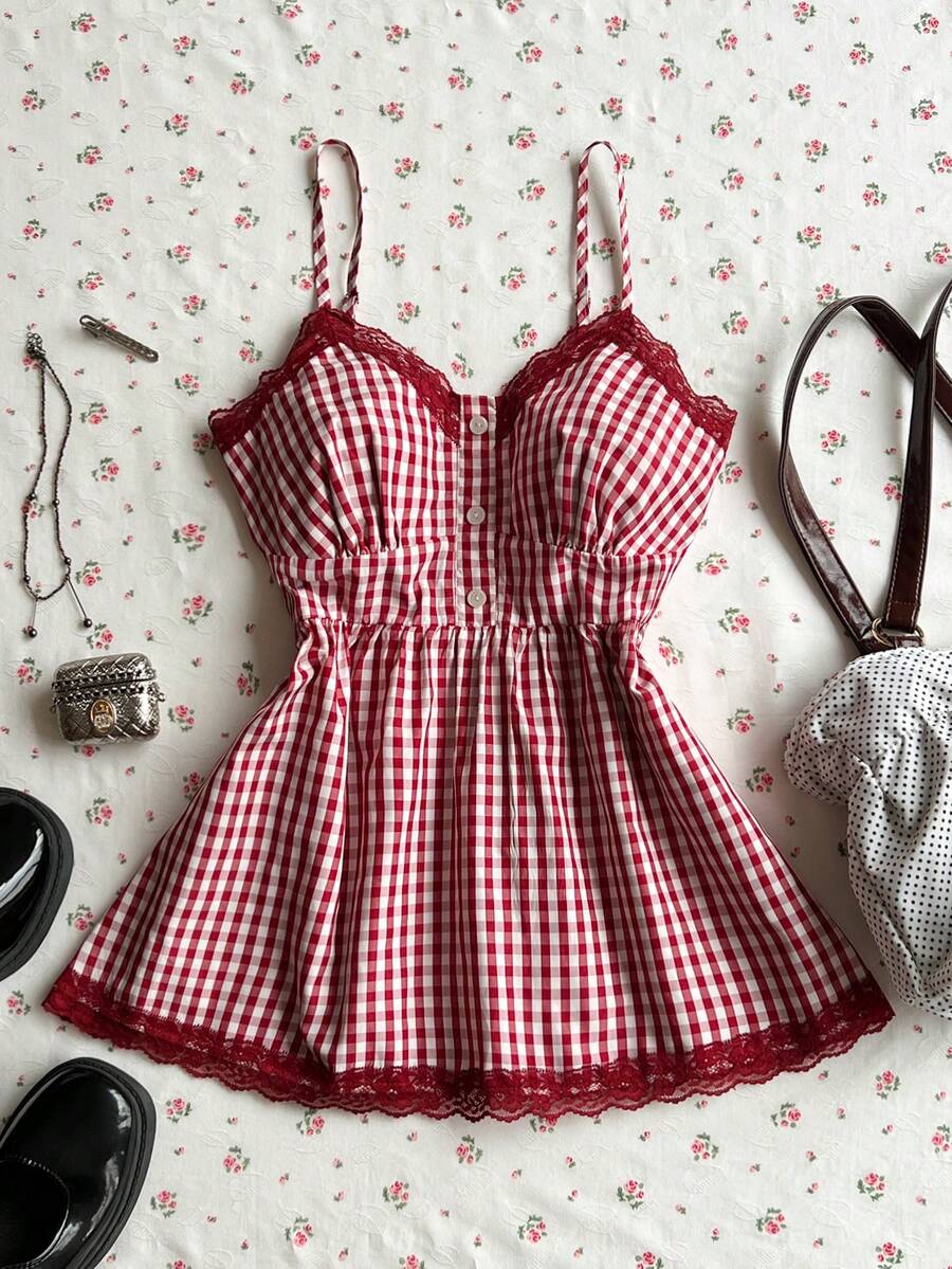 Glimmora Camiseta de tirantes casual y versátil con volantes de encaje a cuadros para mujer - Multicolor - Ver 1