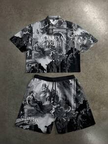 Manfinity ZONE917 Gothic Style Angel Graphic Print Cropped Shirt & Shorts Set, Vintage Distressed Medieval Church Inspired Streetwear, Gift For Friends - Multicolor - View 6