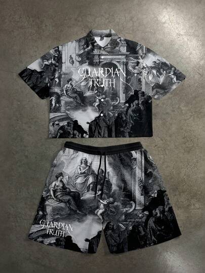 Manfinity ZONE917 Gothic Style Angel Graphic Print Cropped Shirt & Shorts Set, Vintage Distressed Medieval Church Inspired Streetwear, Gift For Friends