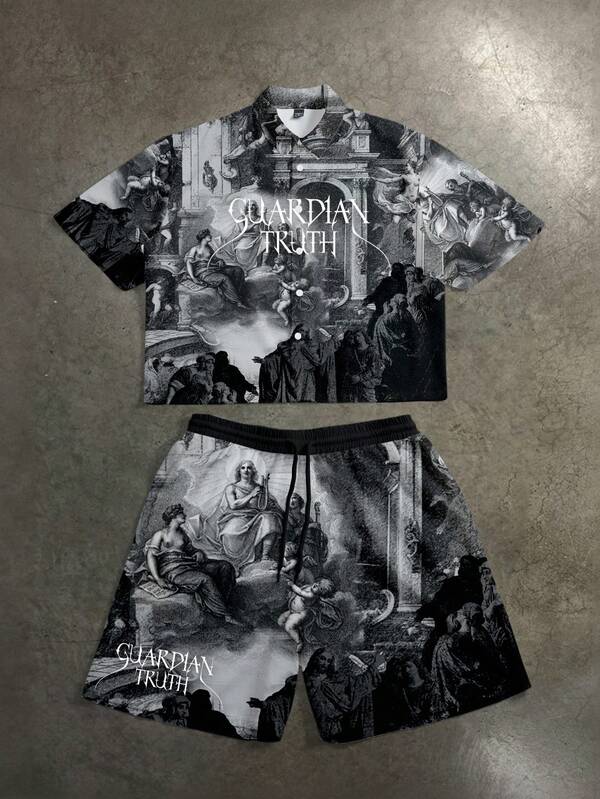 Manfinity ZONE917 Gothic Style Angel Graphic Print Cropped Shirt & Shorts Set, Vintage Distressed Medieval Church Inspired Streetwear, Gift For Friends