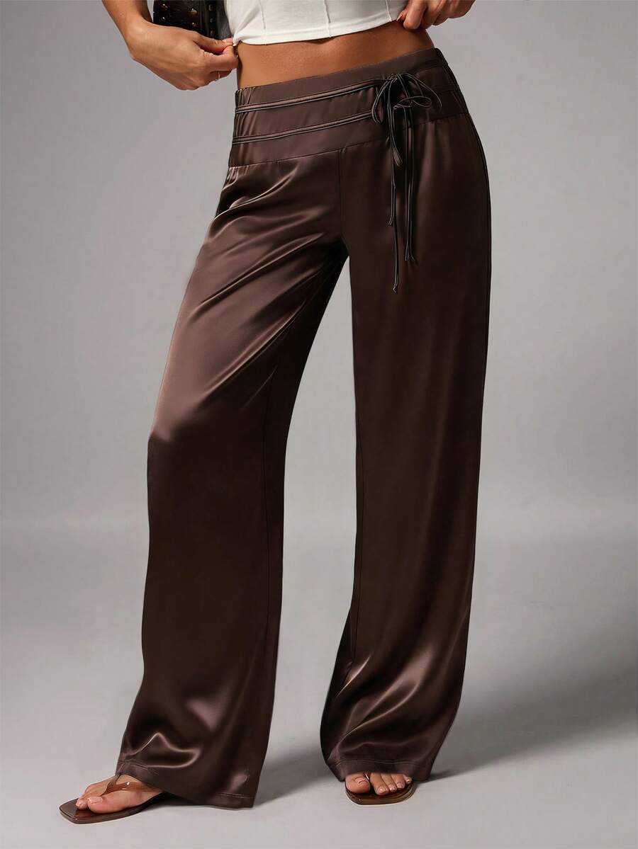 Avenya 女士纯色缎面系带低腰长裤 - 棕色 - 查看 1