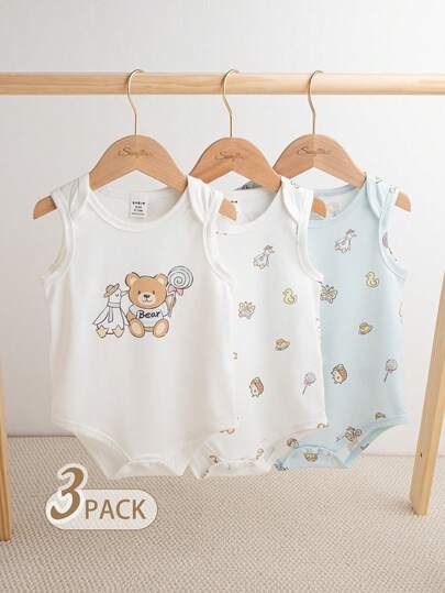 Souflis Souflis Bộ 3 món áo liền quần in hình gấu dễ thương màu xanh nhạt cho bé trai, thích hợp mặc ở nhà và tập bò mùa hè.