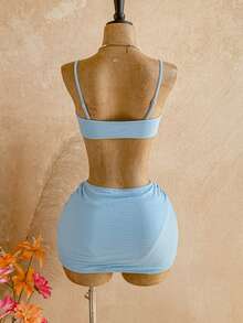 Soleia Women's Summer Beach Metal Starfish Decor Sexy Bikini Set With Cover-Up And Skirt Vacation Bathing Suit - Blue - View 3