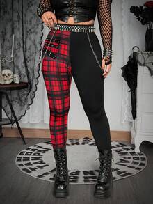 SHEIN Tall CURVE 加大码朋克格子拼接镂空弹力腰紧身裤，春夏款 - 彩色 - 查看 3