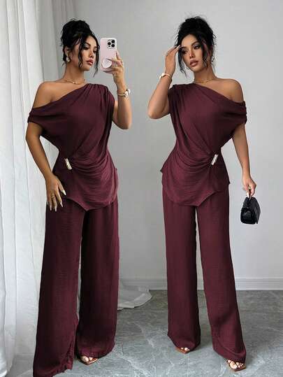 Elenzga Women's Solid Color One-Shoulder Gathered Waist Big Metal Buckle Decor Draped Irregular Hem Shirt + Elastic Waist Pleated Pocket Wide Leg Pants Set, Elegant French Retro Formal Office Commute Casual Holiday Afternoon Tea Street Style Minimalist Versatile, Spring/Summer New