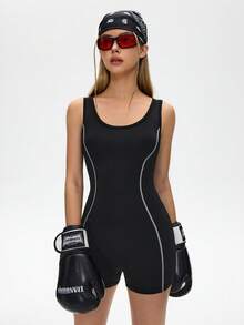 SHEIN 女士黑色无袖连体裤，U领露背交叉设计，适合日常休闲穿着、跑步、瑜伽、健身、网球、高尔夫等运动，百搭时尚 - 黑色 - 查看 7