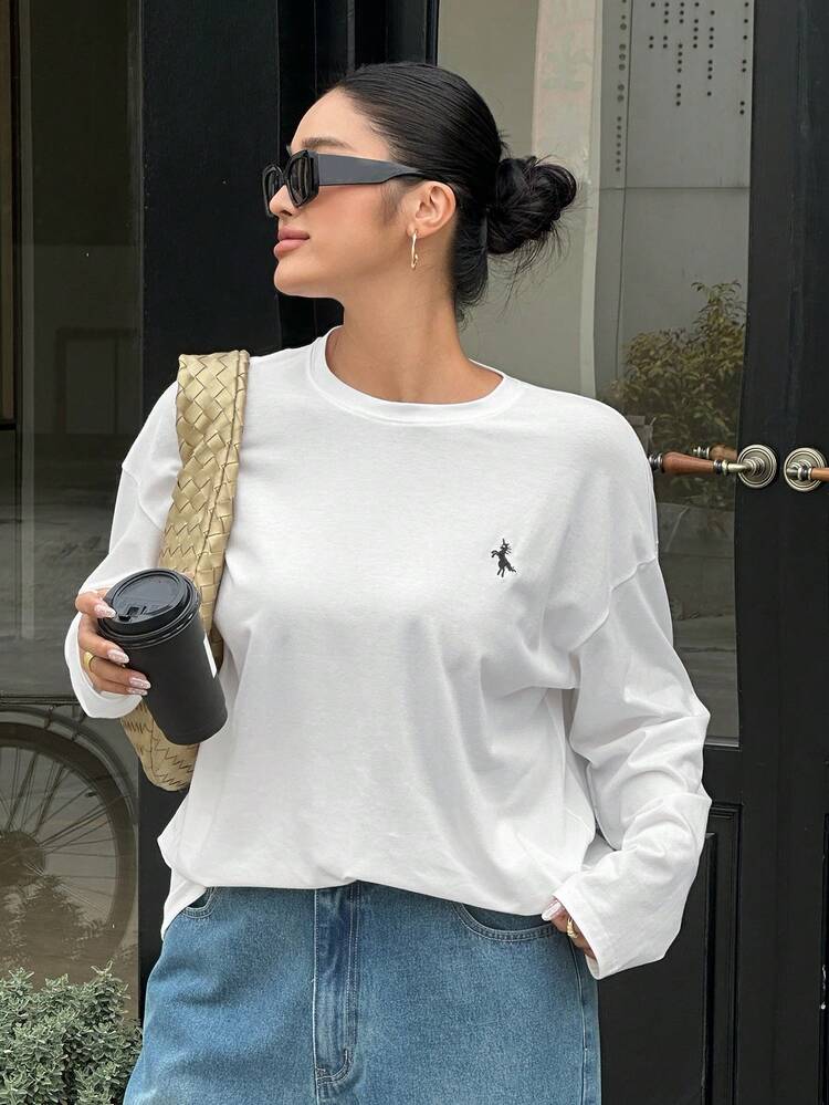 Dazy Plus Plus Size Women's Casual Everyday Commute Simple Versatile Unicorn Embroidery Drop Shoulder Loose Long Sleeve White Cotton T-Shirt, Spring/Autumn Oversized