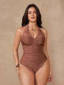Swim Oasis 2026 New Plus Size Solid Color Knitted Jacquard Halter V-Neck Ruched Waist Matching Multi-Color Placement Print Tie Strap Mesh Skirt Swimsuit, Elegant & Fashionable For Beach & Vacation - Multicolor - View 7