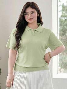 Dazy Plus Solid Color Polo Collar Fitted Short Sleeve Knit Top, Spring/Summer/Autumn - Mint Green - View 6