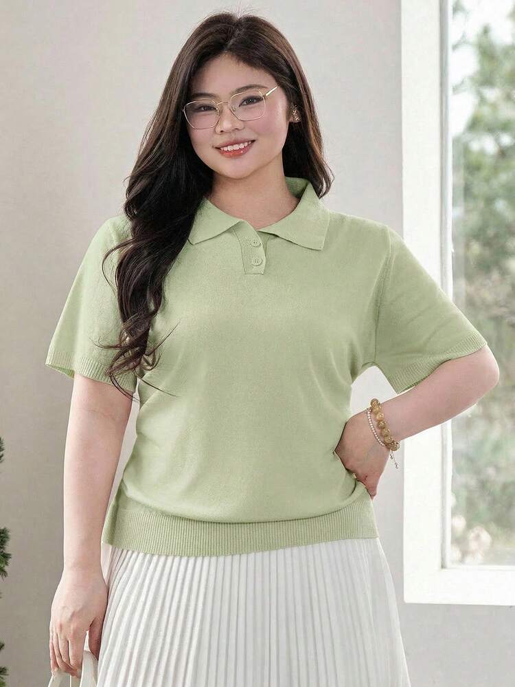 Dazy Plus Solid Color Polo Collar Fitted Short Sleeve Knit Top, Spring/Summer/Autumn
