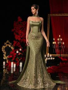 Glamrae 优雅奢华刺绣蕾丝拼接弹力缎面性感无肩带美人鱼礼服，适合婚礼、派对、度假、舞会、盛会（豪华版） - 橄欖綠 - 查看 4