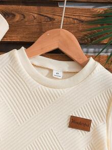 SHEIN Young Boy Textured Striped Jacquard Apricot Short Sleeve Round Neck T-Shirt, Suitable For Casual, Holiday, Sports, Summer - Beige - View 5